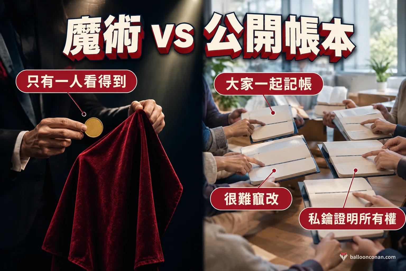 魔術障眼法與區塊鏈公開帳本的對照比喻圖