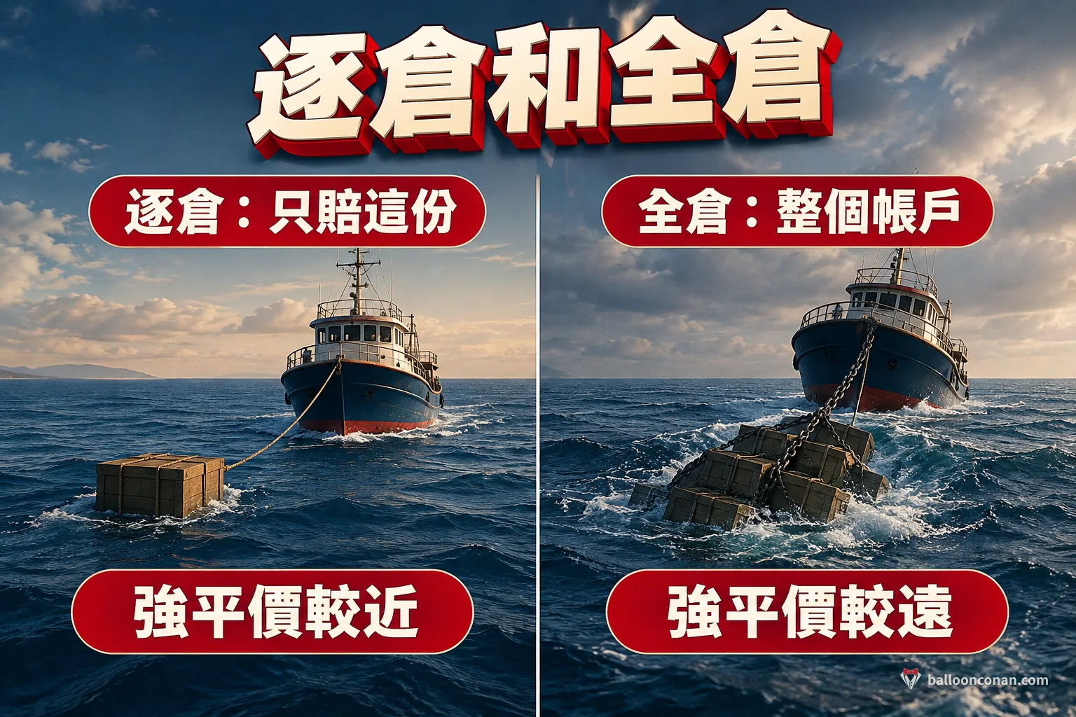 逐倉與全倉的虧損範圍比較示意圖
