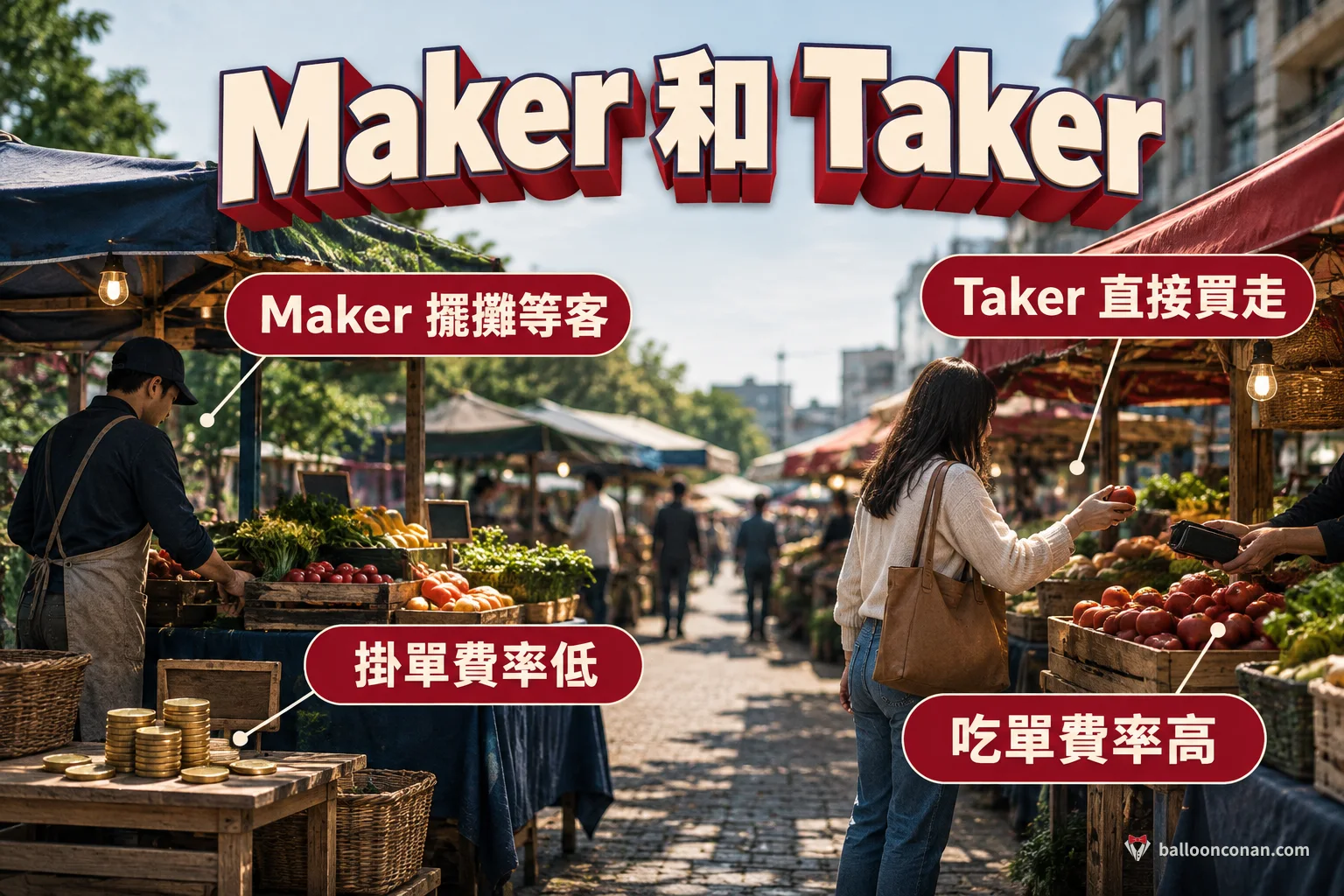 Maker 與 Taker 比喻圖：掛單像擺攤等客人，吃單像直接買走商品