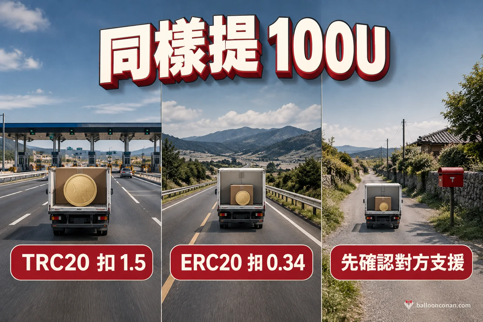 提 100 USDT 各鏈手續費比較圖：TRC20、ERC20 與 Arbitrum One