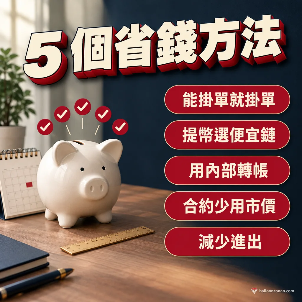 手續費省錢清單：掛單、選便宜的鏈、內部轉帳、合約少用市價、減少進出