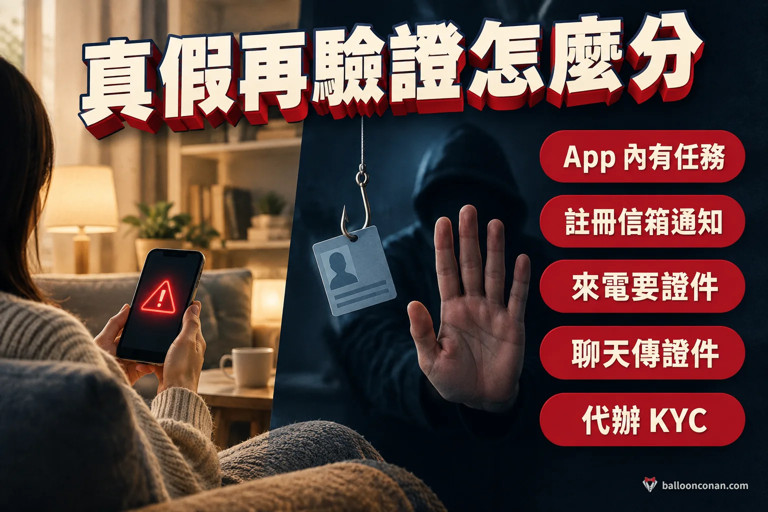分辨官方再驗證與假客服索取證件的示意圖