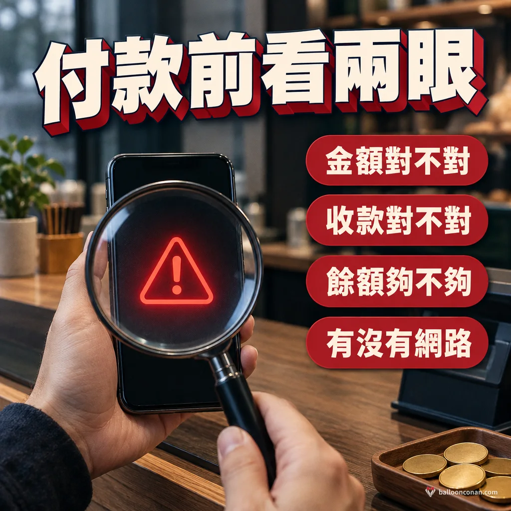 掃碼付款前的確認提醒：金額、收款資訊、餘額、網路