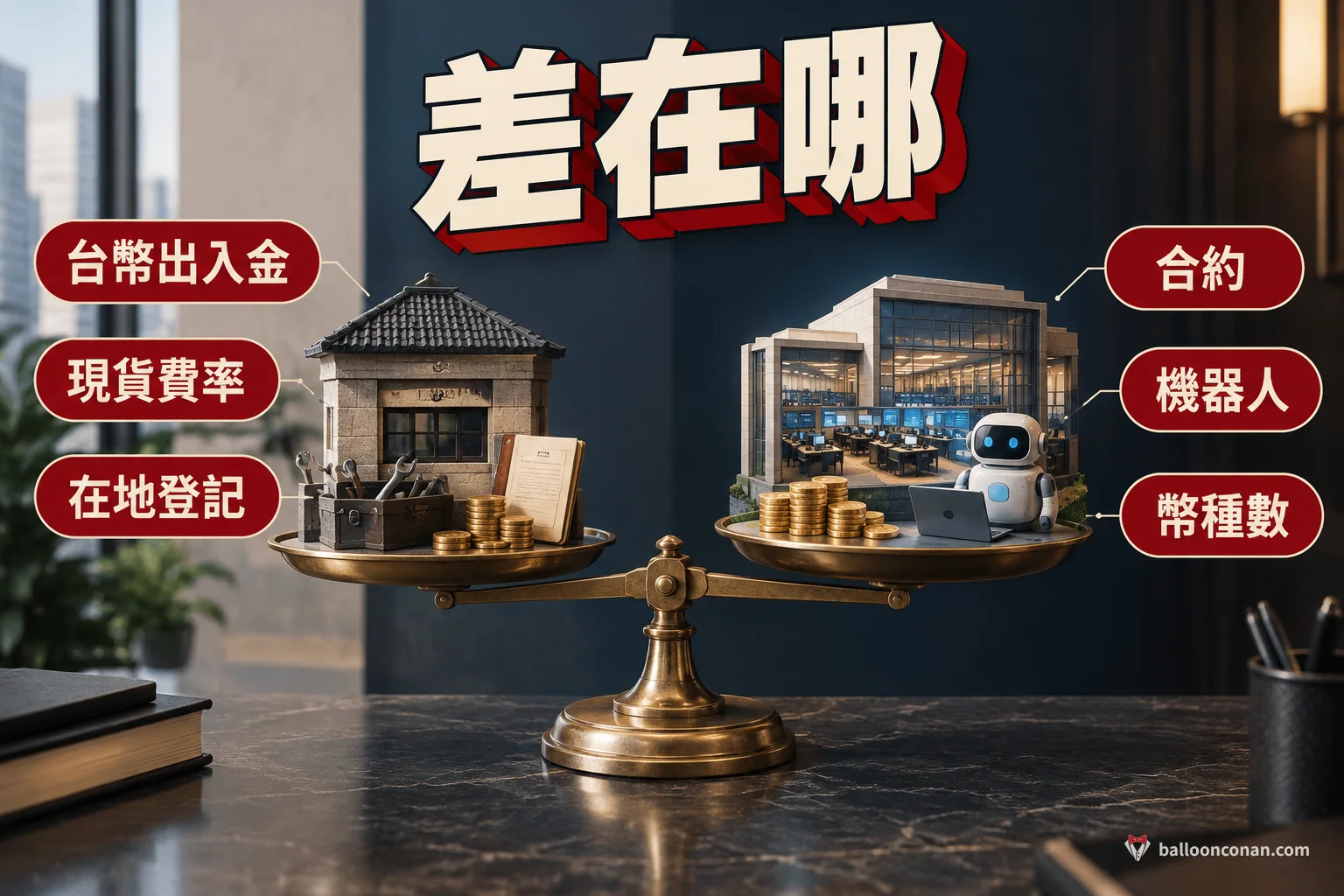 與 在台幣出入金、費率、產品與登記狀態的比較圖