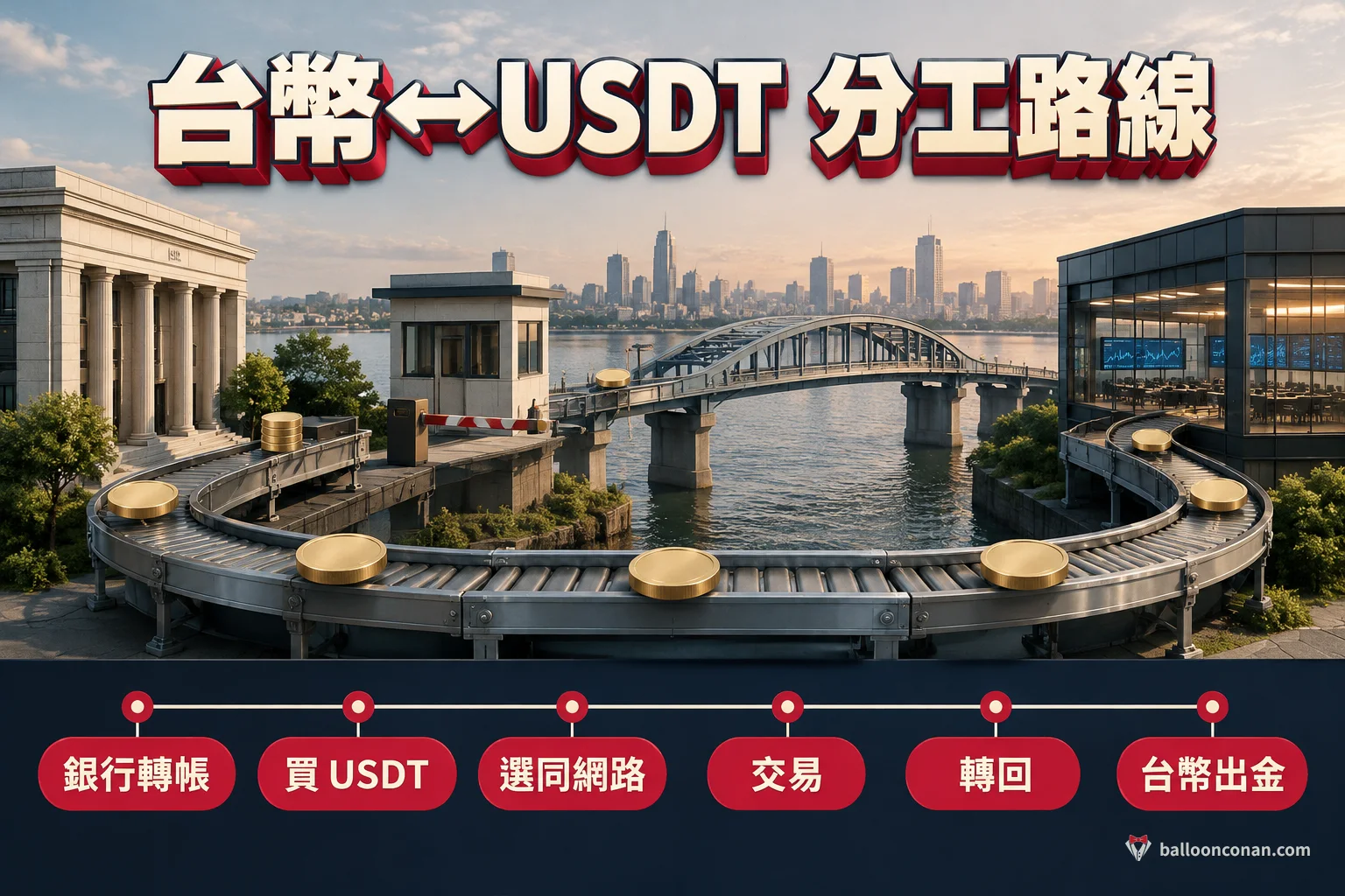 台幣經 換 USDT 轉到 交易，再轉回 出金的資金流向圖