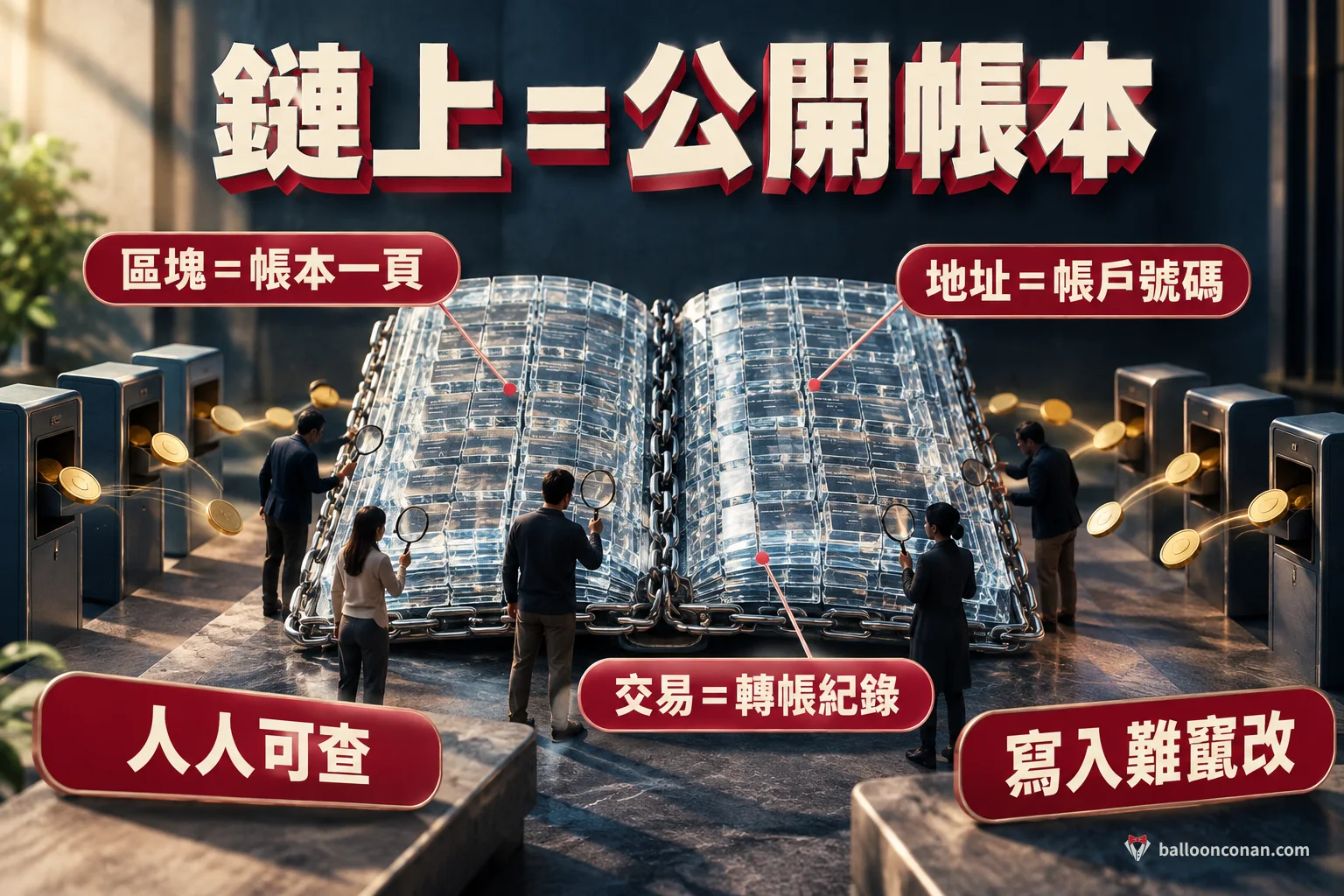 把區塊鏈比喻成全世界都能翻閱的公開帳本示意圖