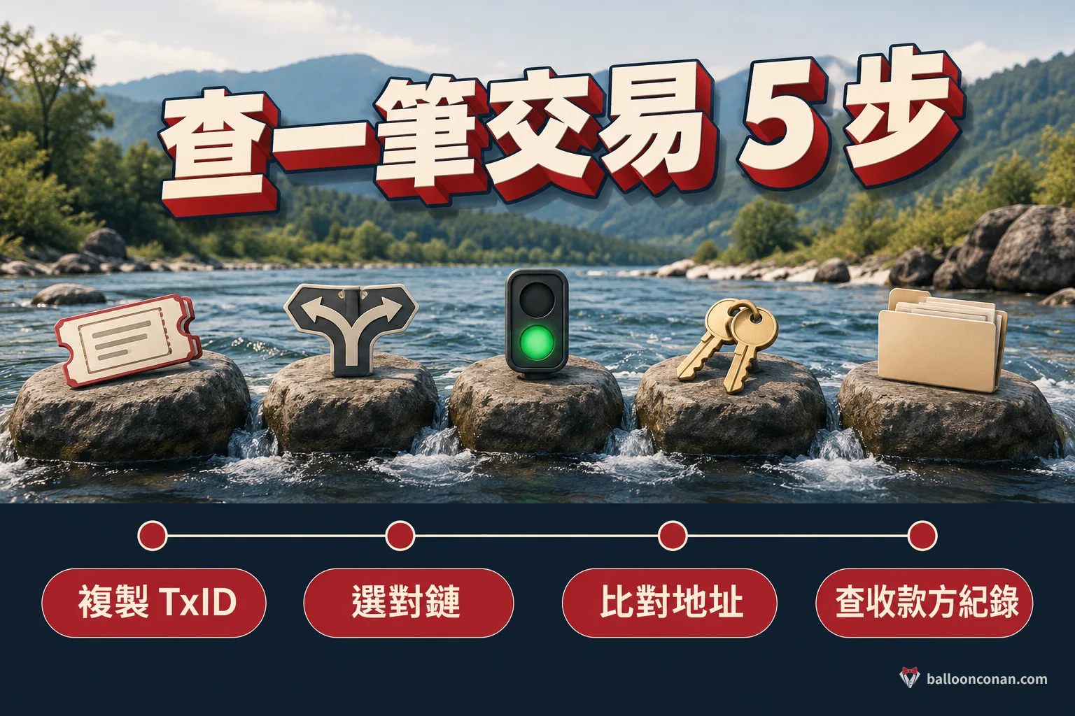 用區塊瀏覽器查詢一筆交易的五個步驟流程圖