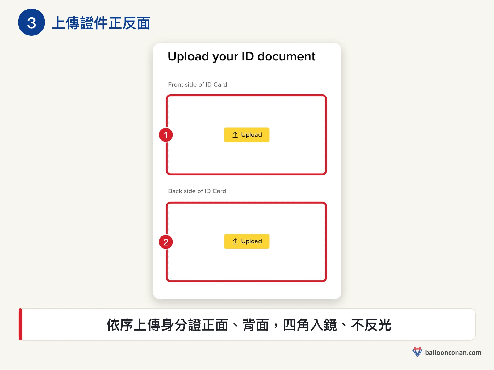 幣安 App 上傳身分證正面與背面的畫面，紅框標出兩個上傳區
