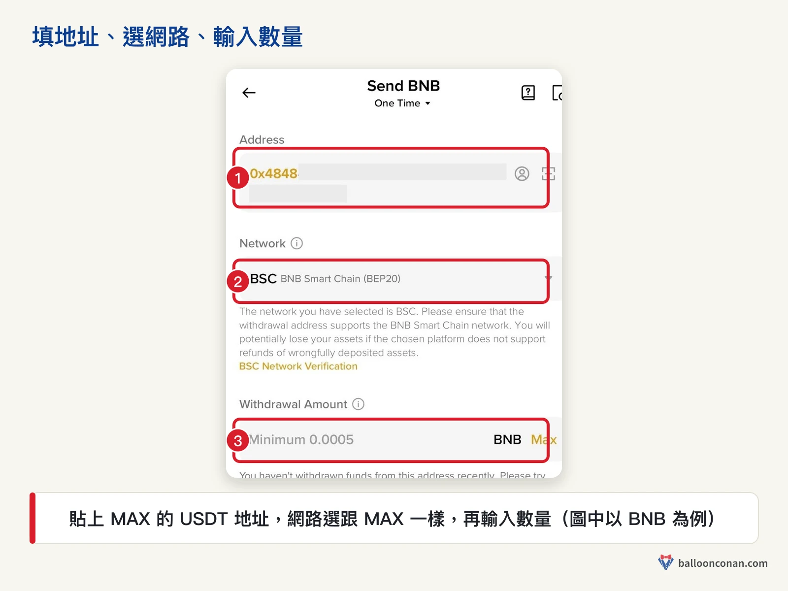 幣安 App 提領頁，紅框標出地址、網路與數量欄位