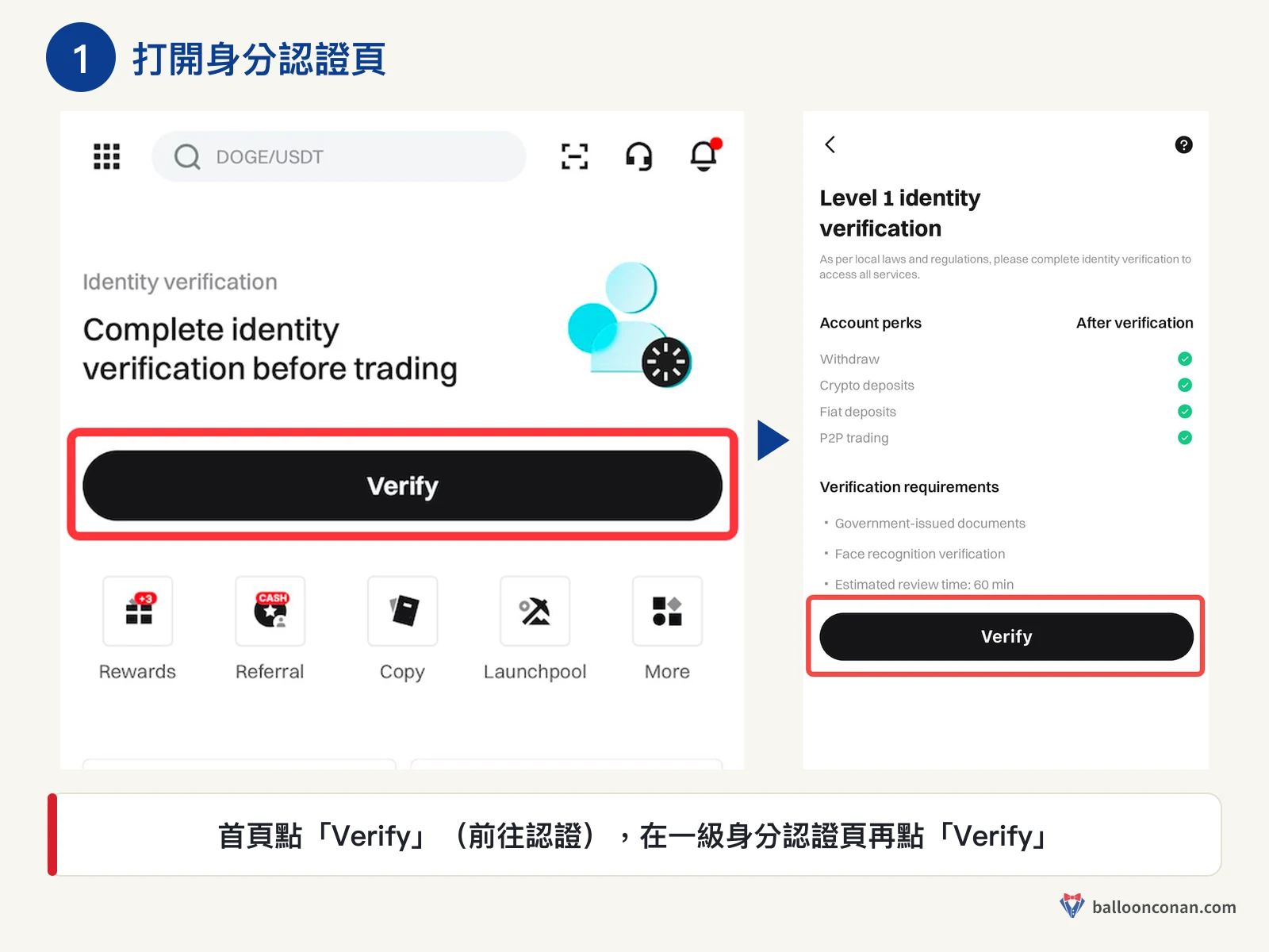 Bitget App 首頁身分認證 Verify 按鈕與一級身分認證頁