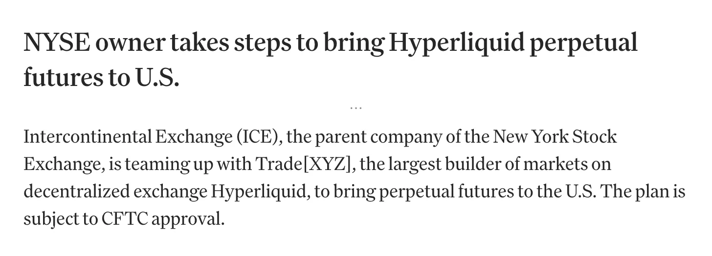 CoinDesk 2026-10-29 新聞截圖：紐約證交所母公司 ICE 與 TradeXYZ 合作，把 Hyperliquid 永續合約帶進美國，計畫需 CFTC 核准