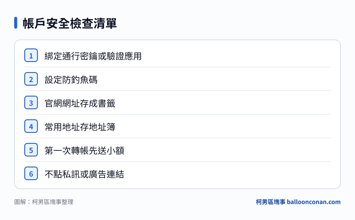 OKX 帳戶安全檢查清單，包含通行密鑰、驗證應用、防釣魚碼、網址書籤與小額測試等重點
