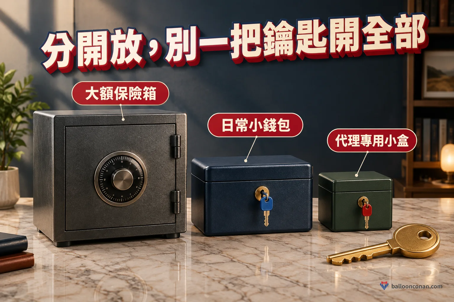 一個大保險箱與三個各自有不同鑰匙的小盒,比喻資產分層、權限分開管理