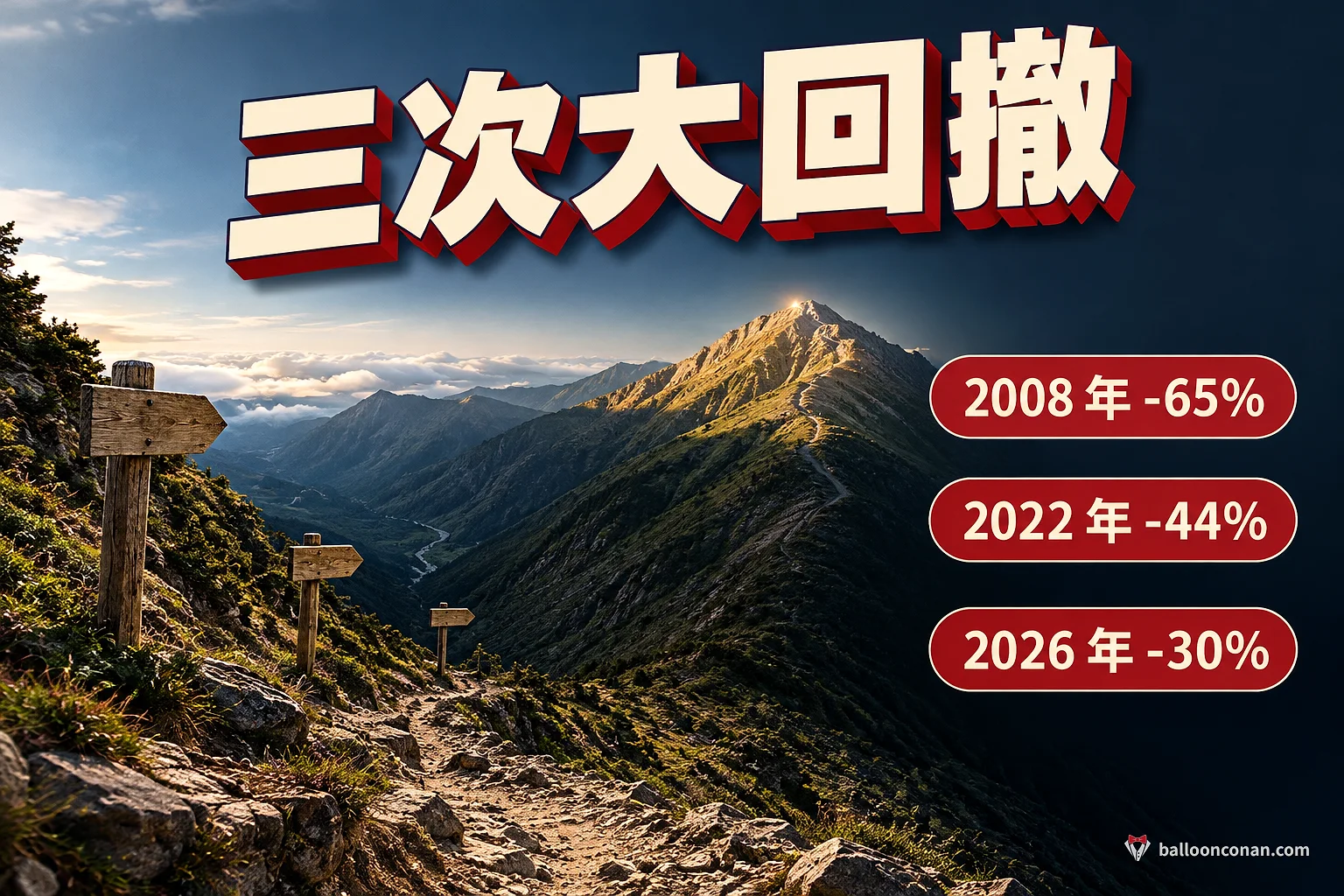 GOOGL 三次大回撤：2008 年 -65%、2022 年 -44%、2026 年高點後 -30%