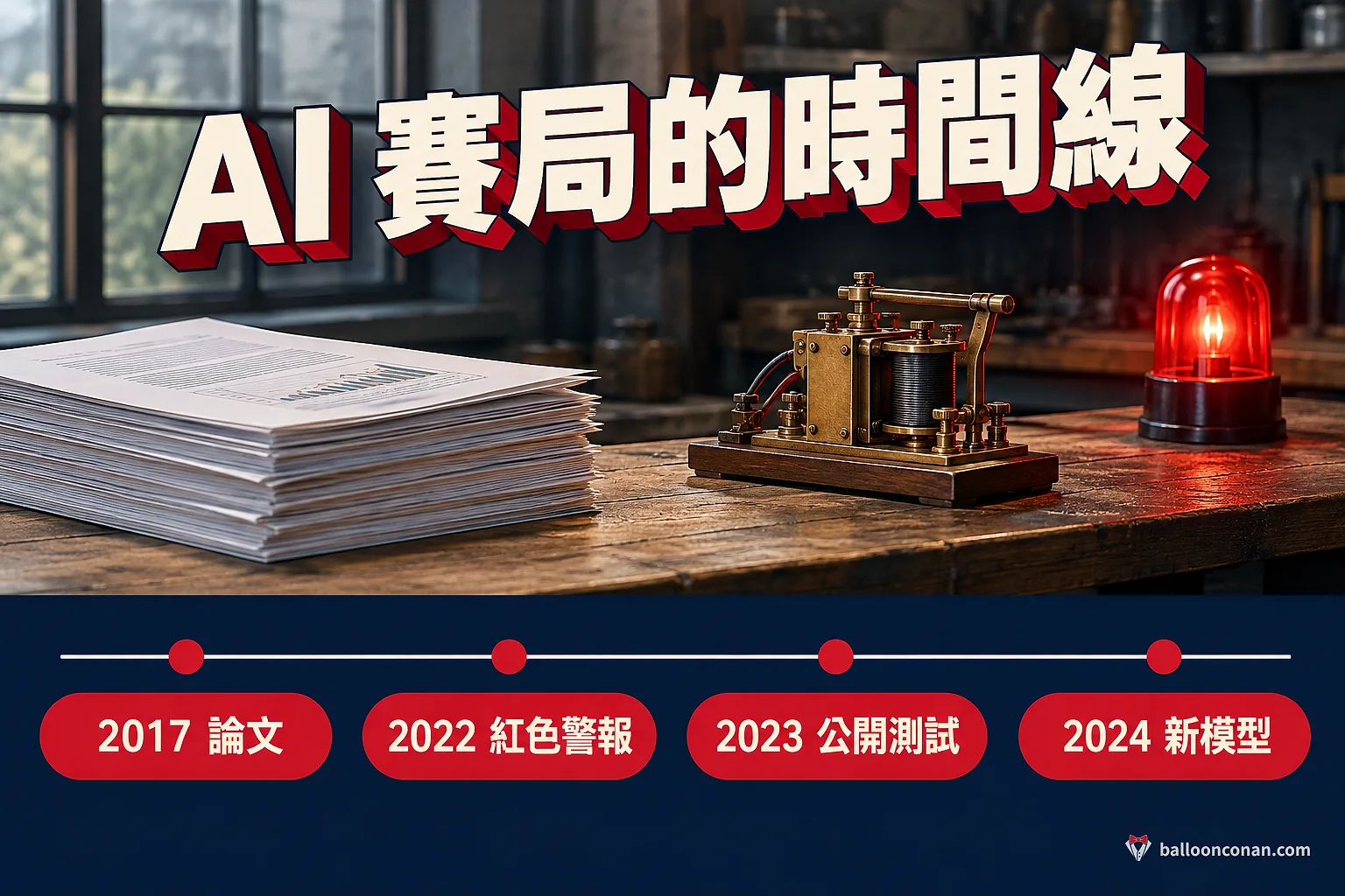 AI 賽局時間線：2017 論文、2022 紅色警報、2023 公開測試、2024 新模型