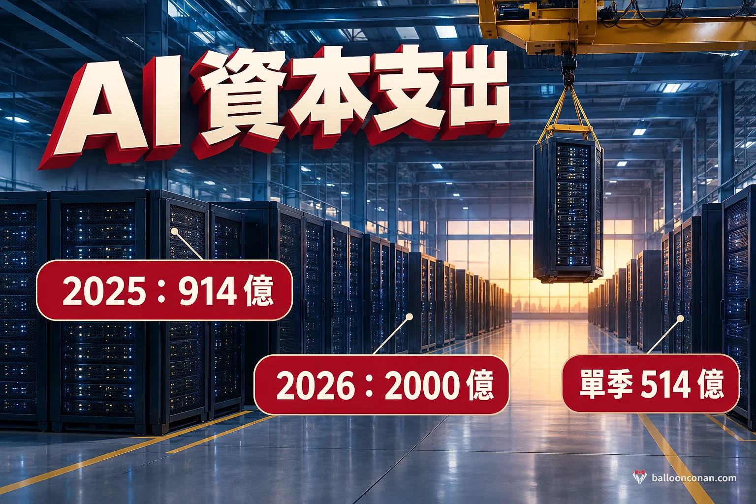 Alphabet 資本支出（美元）：2025 年約 914 億、2026 年指引約 2000 億、第三季單季 514 億