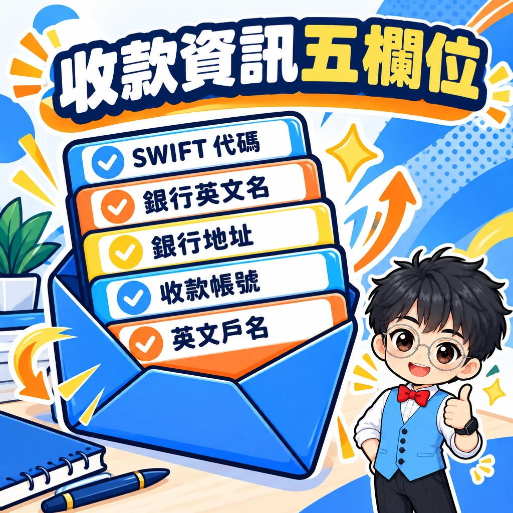 Bank 美元匯入要提供的五個收款欄位示意圖