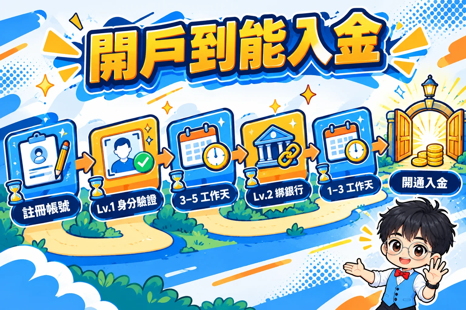 從註冊、身分驗證、銀行綁定到開通台幣入金的時間流程圖