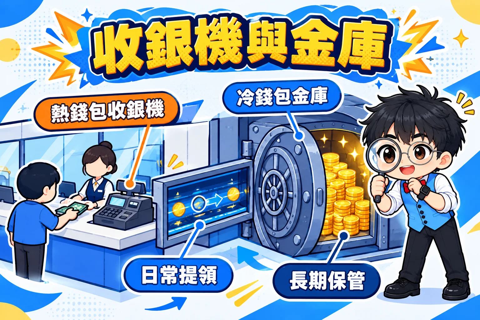 把交易所比喻成櫃台:前方收銀機代表熱錢包處理日常提領,後方金庫代表冷錢包長期保管資產