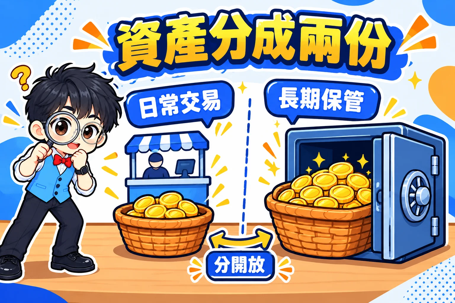 兩個籃子比喻資產分兩份,小籃子放日常交易用的資金,大籃子鎖進保險箱長期保管