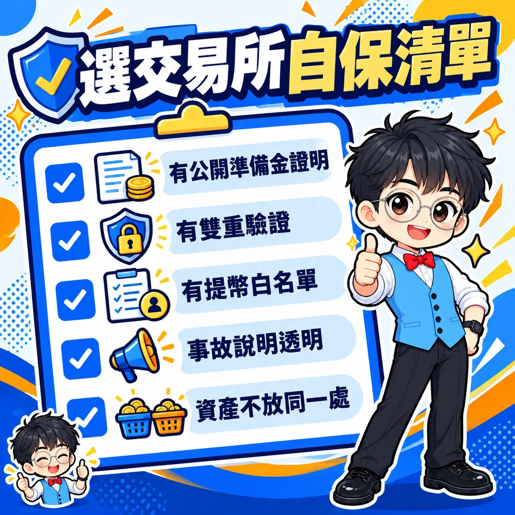 選擇交易所與保護資產的五項重點清單卡,包含準備金證明、雙重驗證、提幣白名單、事故透明與分散存放