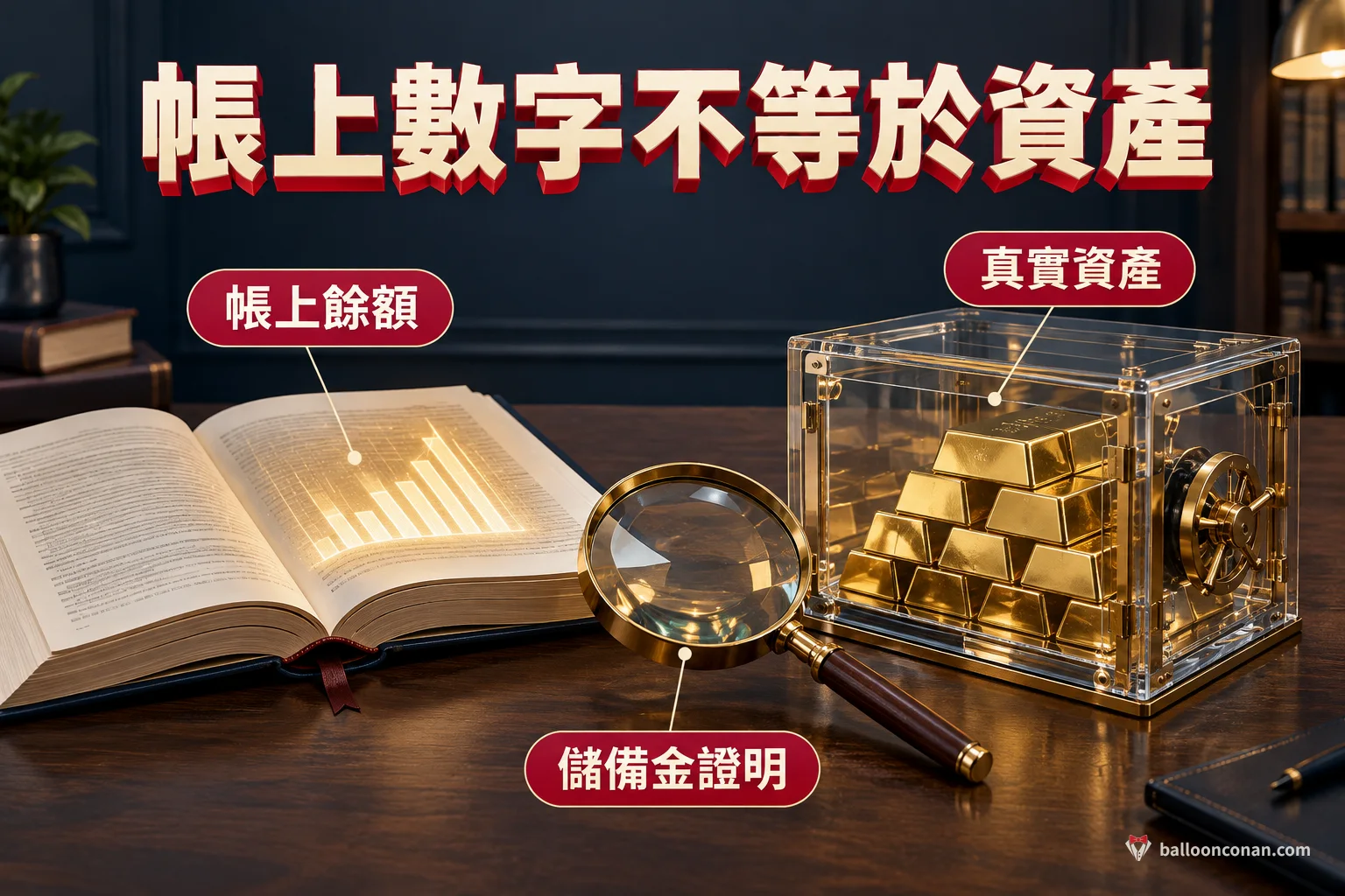 帳本上的發光數字與玻璃金庫裡的金條，中間放一支放大鏡，表示帳上餘額要和真實資產核對