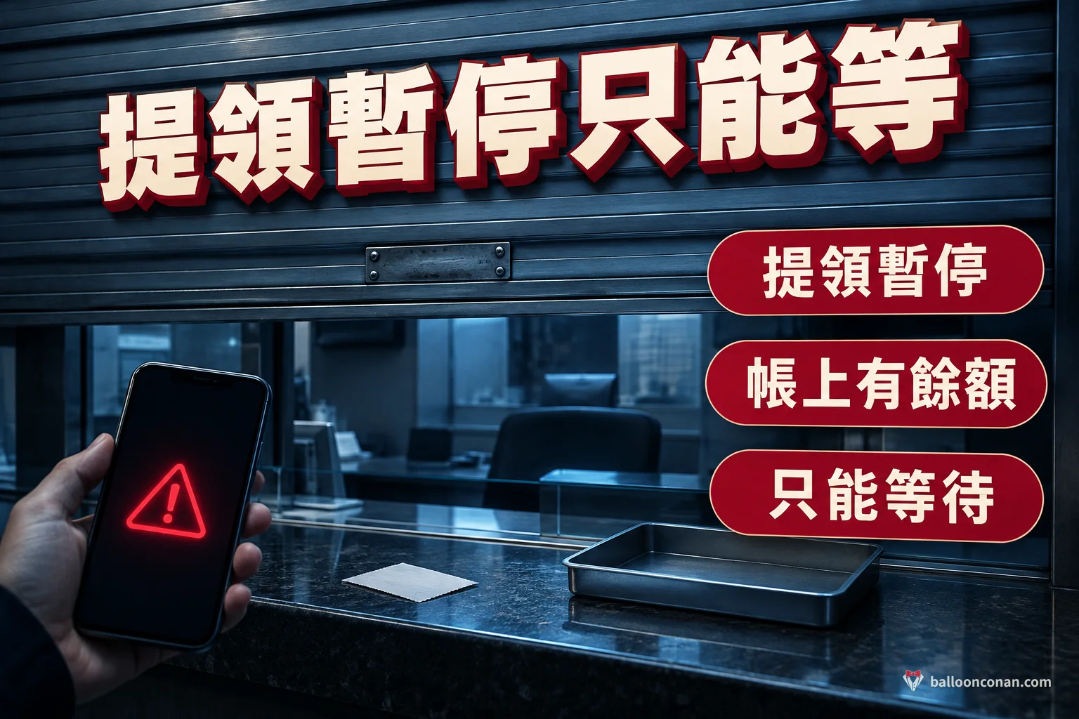 拉下一半的銀行櫃台鐵捲門，櫃台上留著號碼牌與空托盤，表示提領被暫停時用戶只能等待