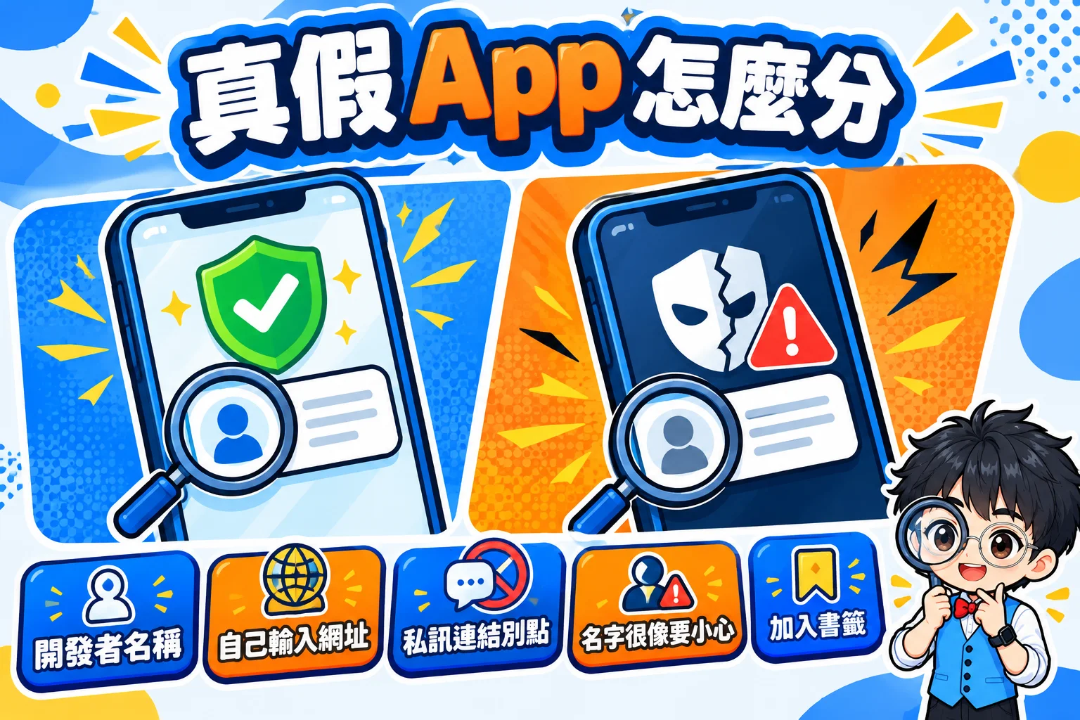 辨識真假交易所 App 的對照圖:檢查開發者名稱、自己輸入網址、不點私訊連結