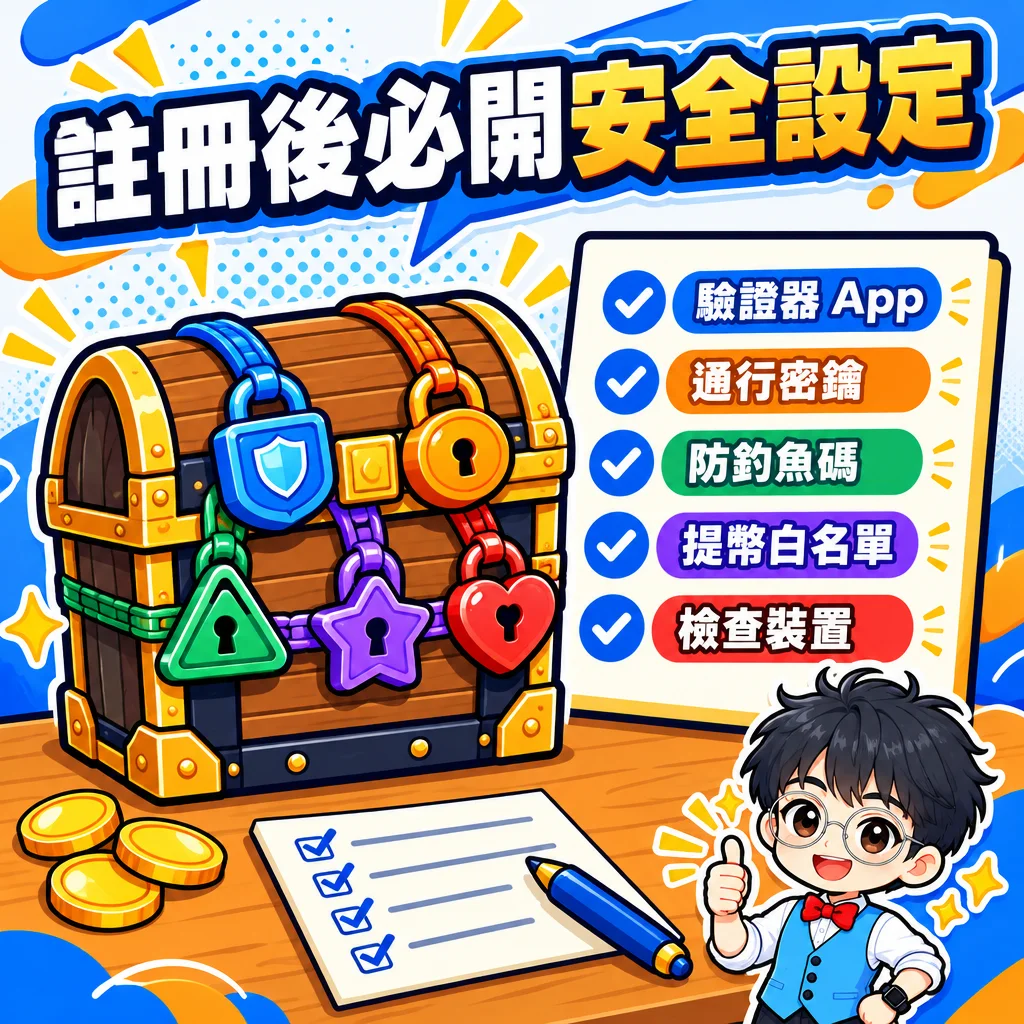 註冊後安全設定清單:驗證器 App、通行密鑰、防釣魚碼、提幣白名單、檢查登入裝置