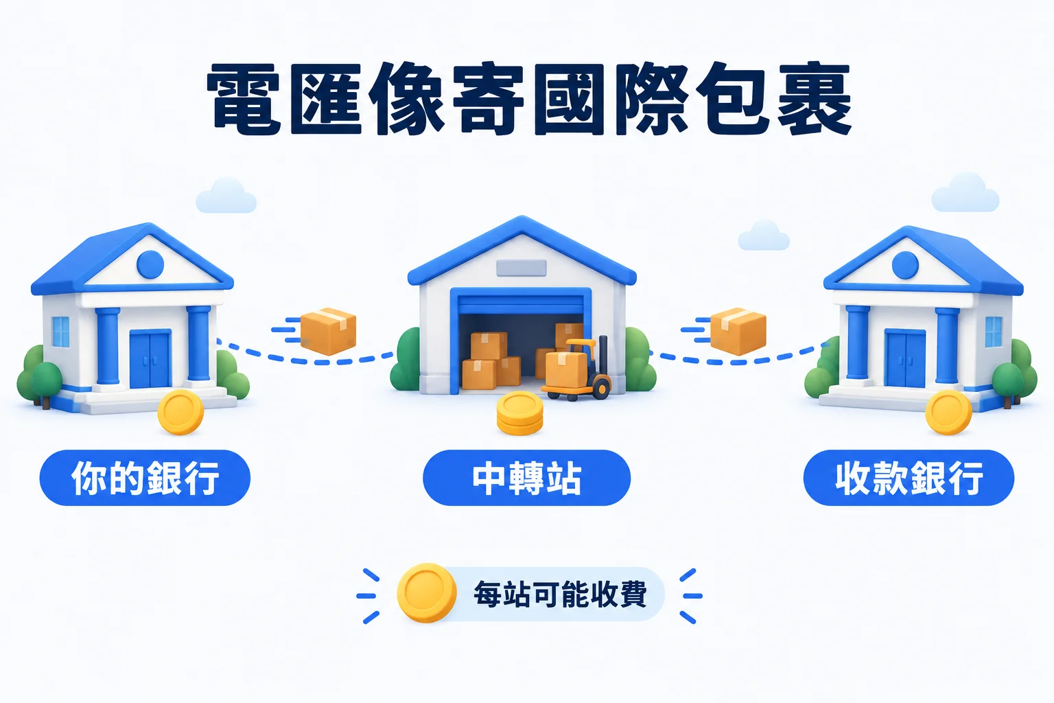 以國際包裹比喻電匯:包裹從你的銀行經中轉站送到收款銀行,每一站都可能收費。