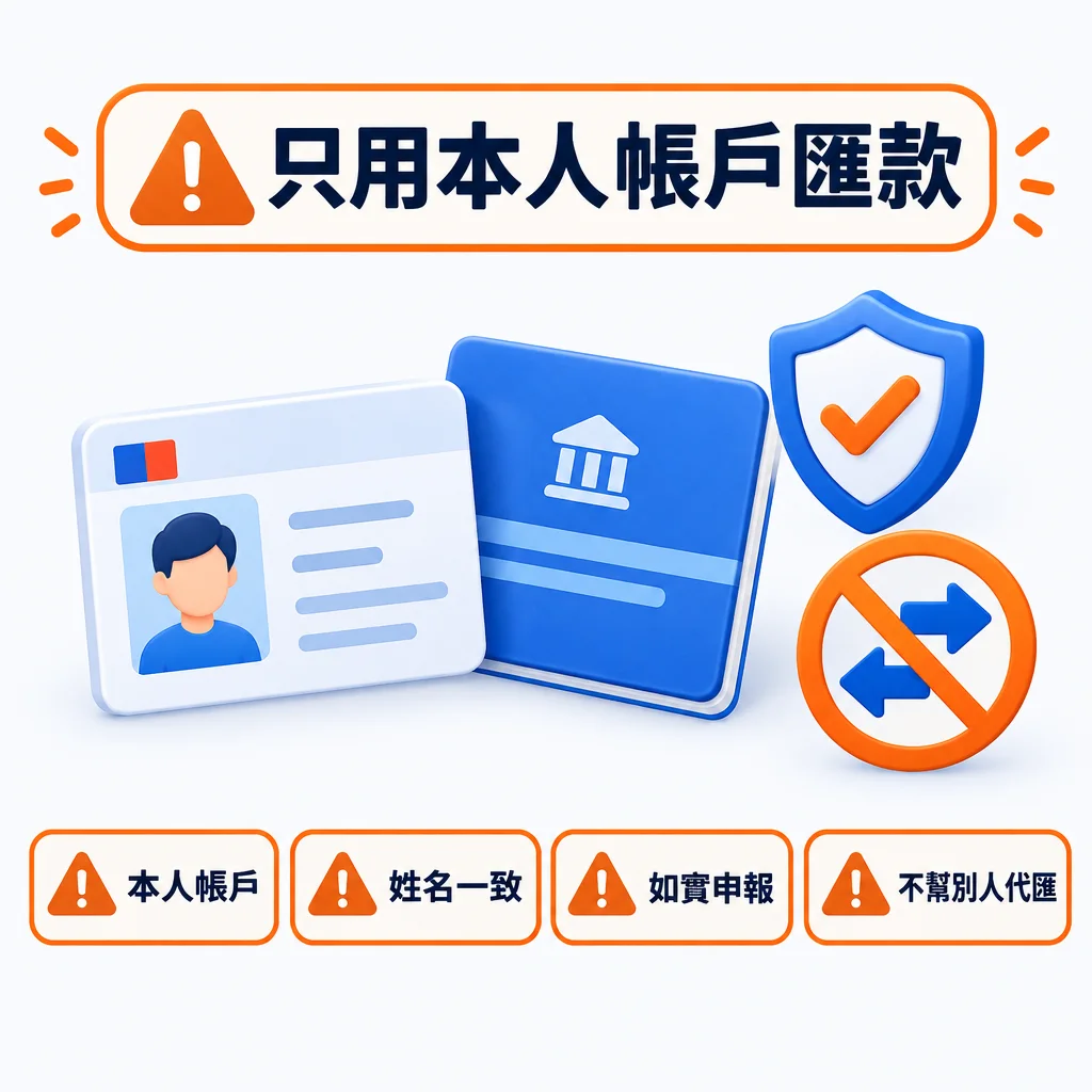 提醒用本人帳戶匯款:存摺與證件並排、打勾盾牌,以及禁止代匯的警示符號。