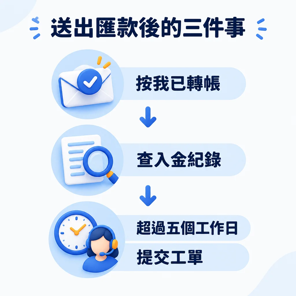 送出電匯後的三件事:回 通知已轉帳、查入金紀錄、超過五個工作日仍未到帳就提交工單。