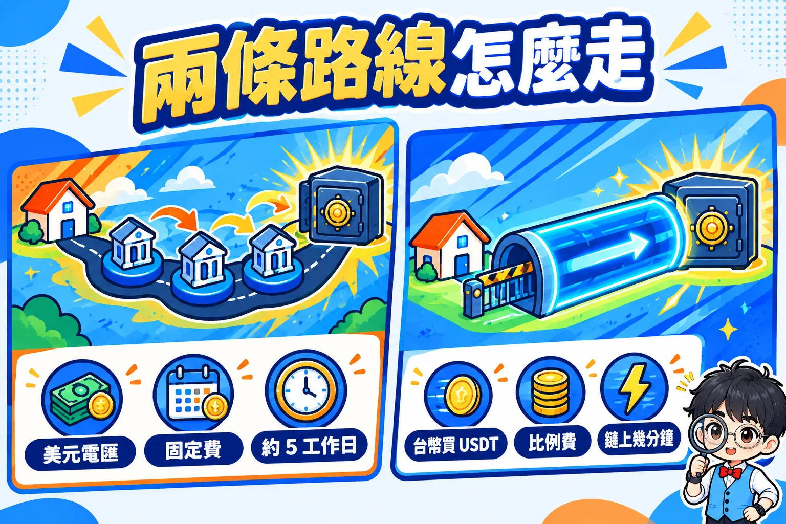 美元電匯與台幣 USDT 出入金路線比較圖
