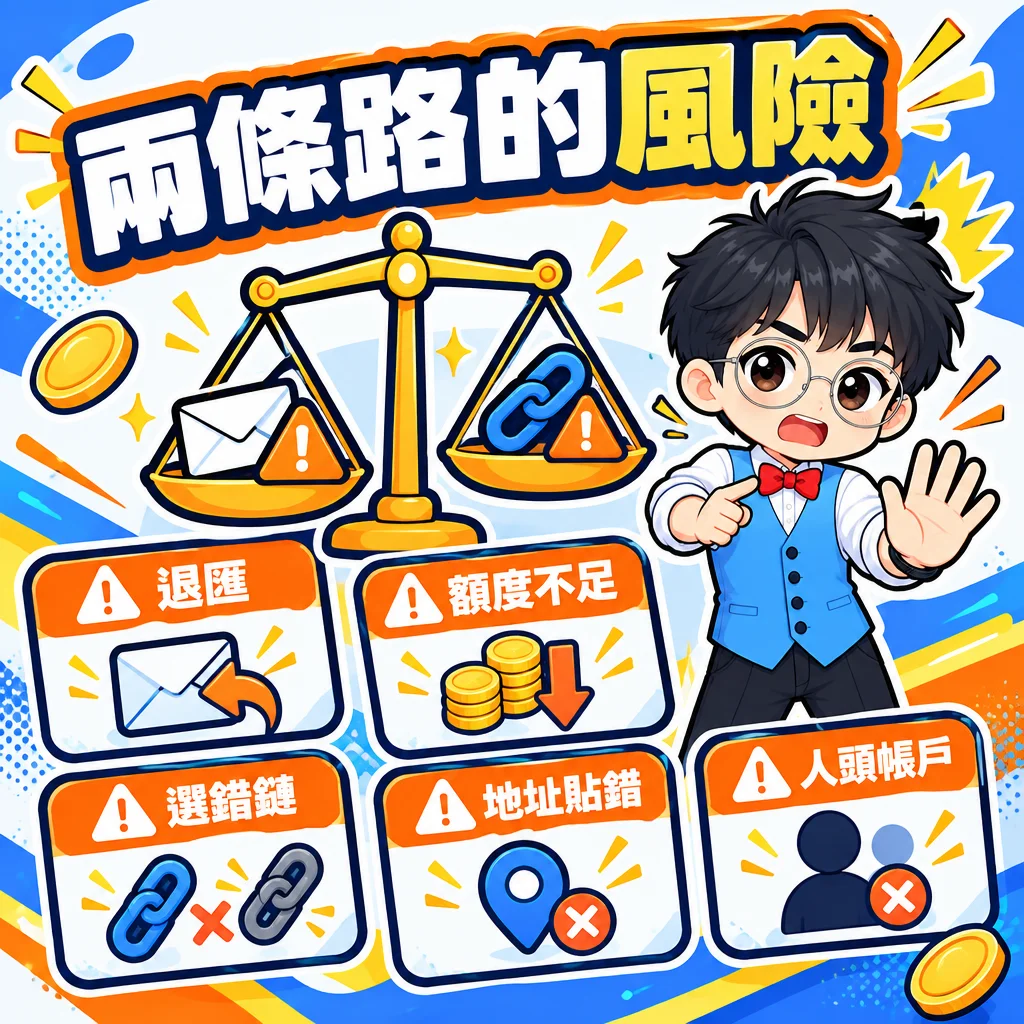 美元電匯與 USDT 路線各自的主要風險示意圖