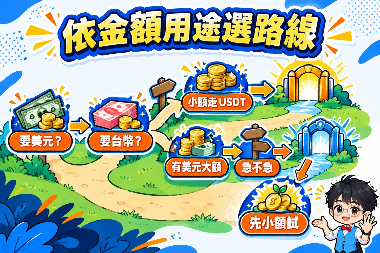 依金額與用途選擇 出入金路線的決策流程圖