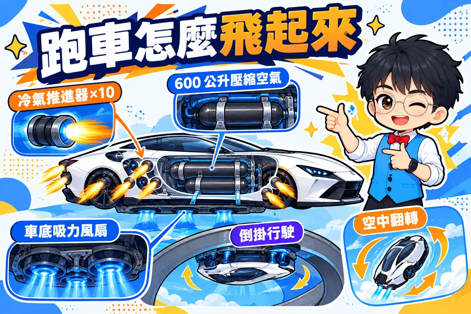 示意圖:跑車用 10 具冷氣推進器和車底吸力風扇做到倒掛行駛與空中翻轉
