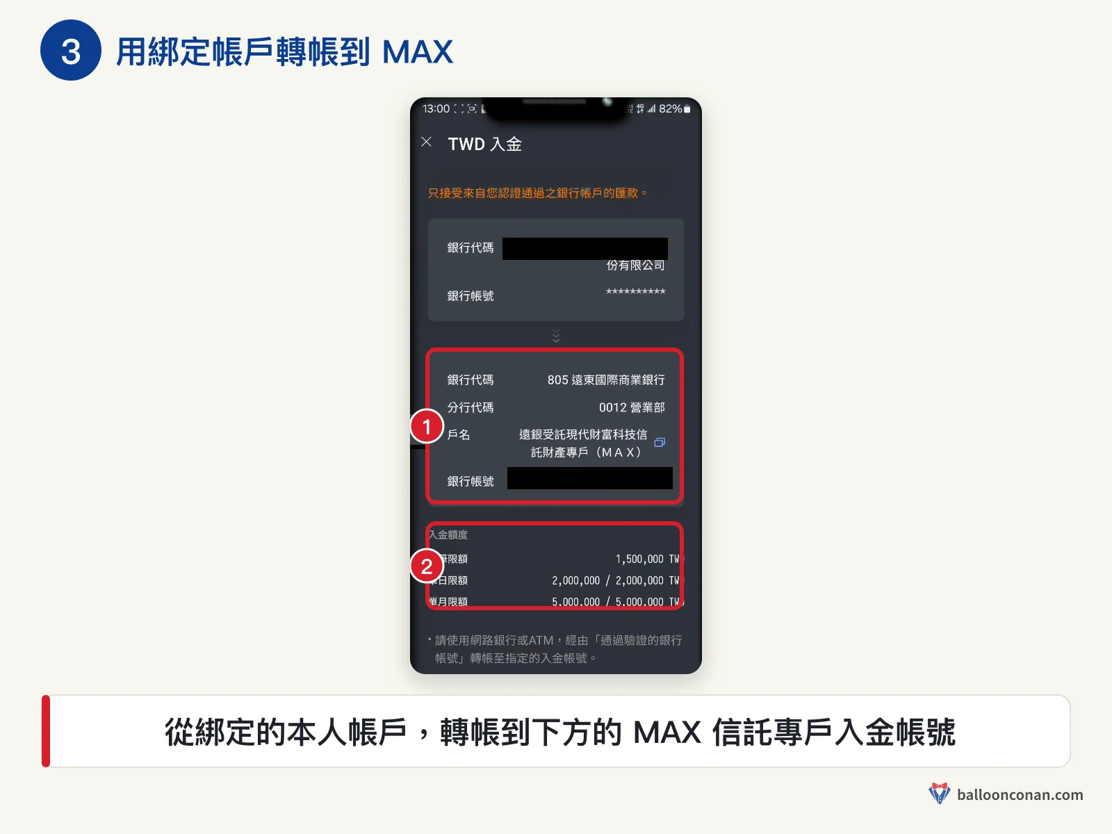MAX App TWD 入金頁，紅框標出 MAX 信託專戶入金帳號與入金額度