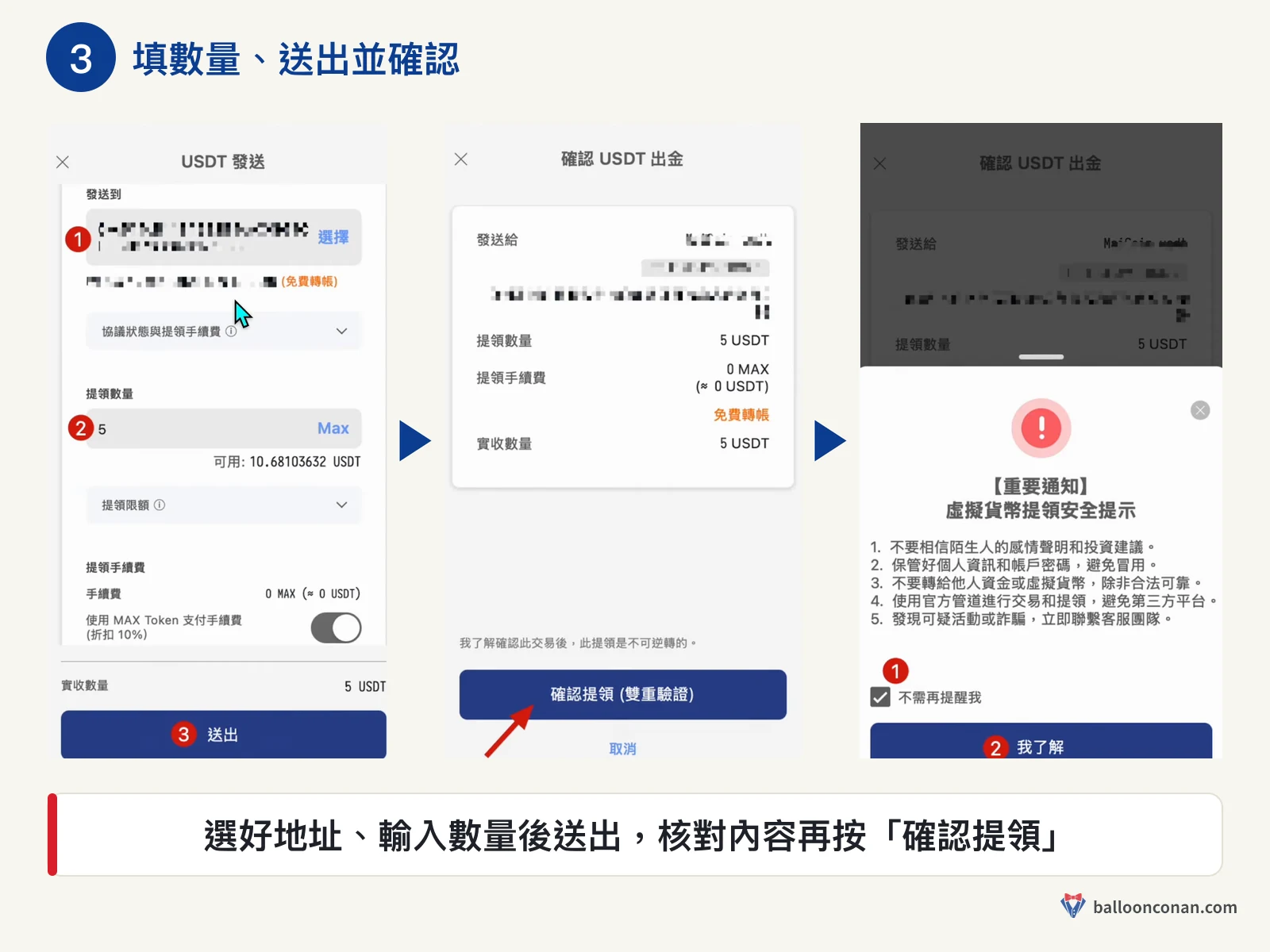 MAX App USDT 發送填數量、確認 USDT 出金與安全提示三張畫面