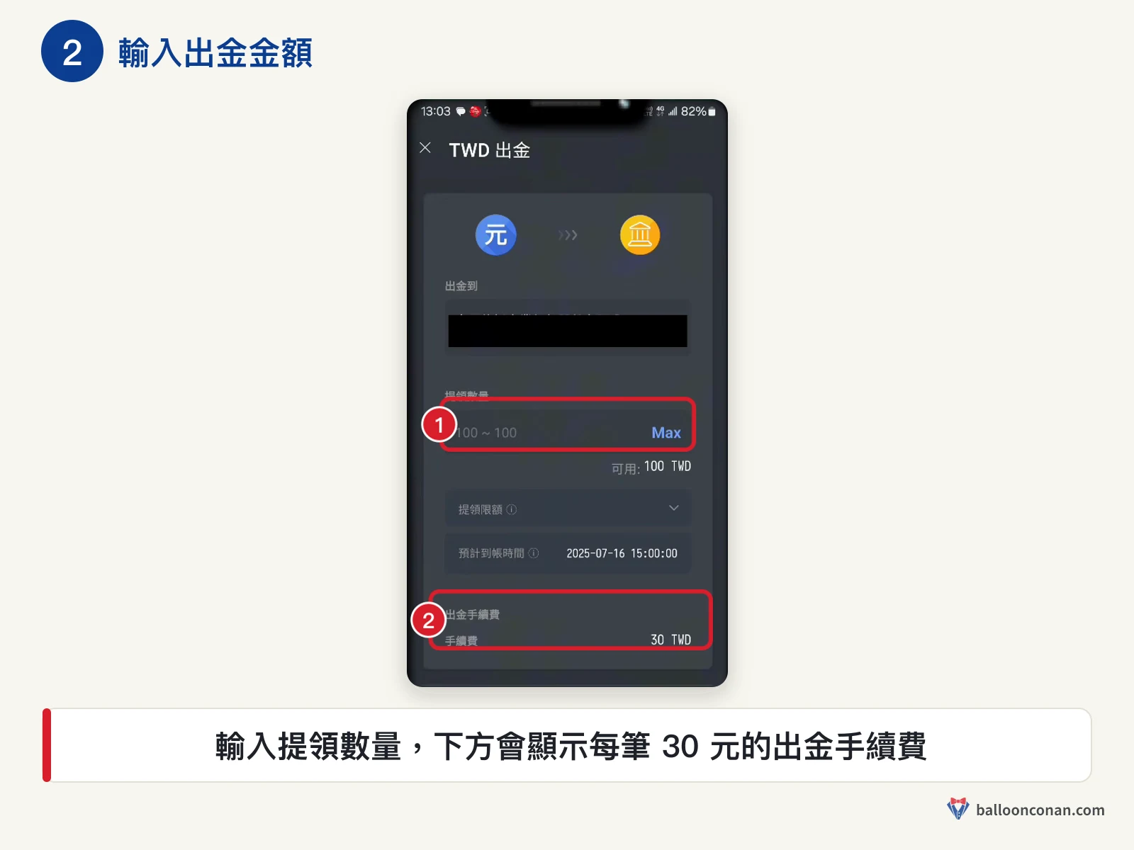 MAX App TWD 出金頁，紅框標出提領數量與每筆 30 元出金手續費