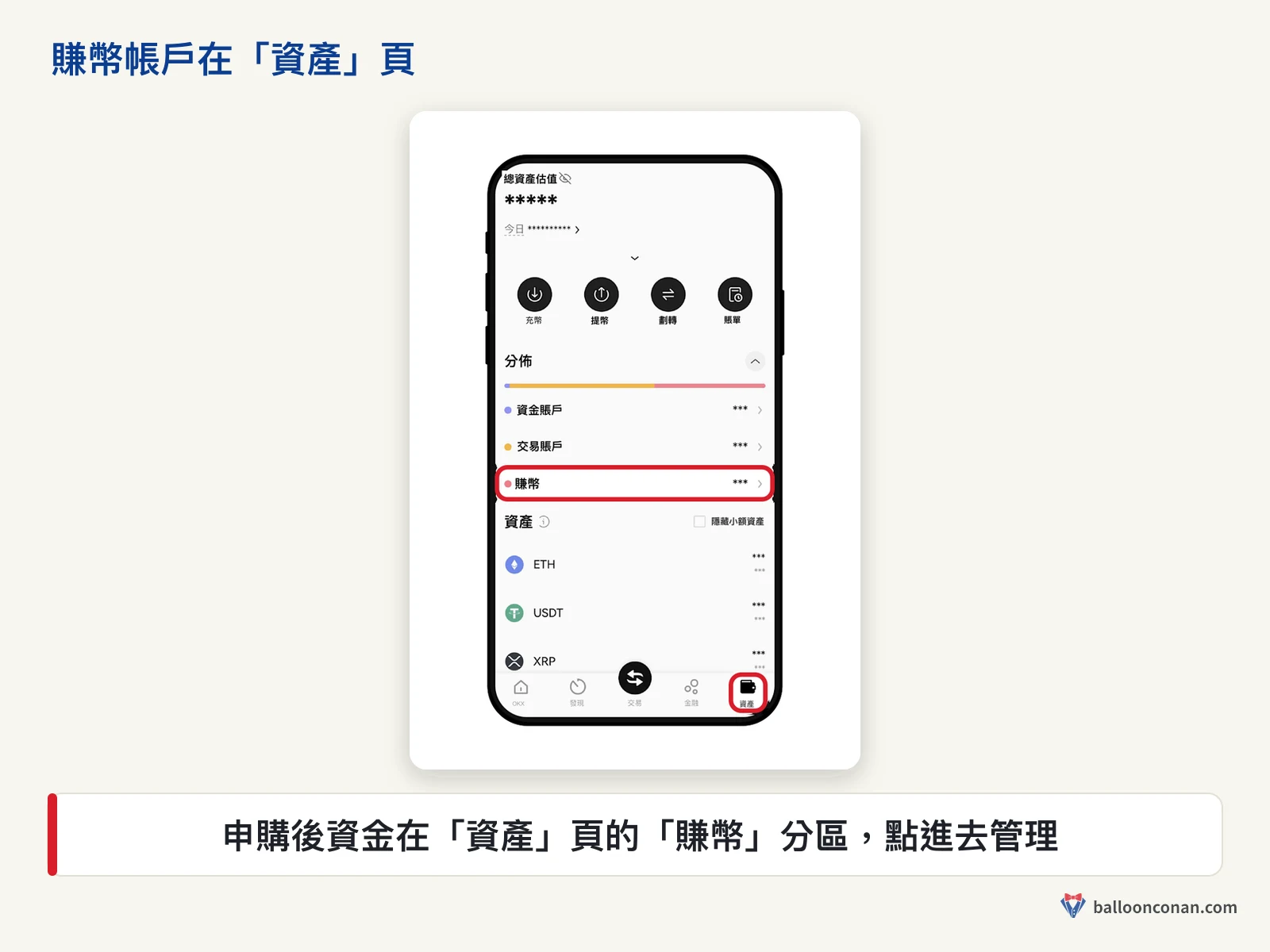 OKX App 資產頁的資金帳戶、交易帳戶與賺幣分區，紅框標出賺幣