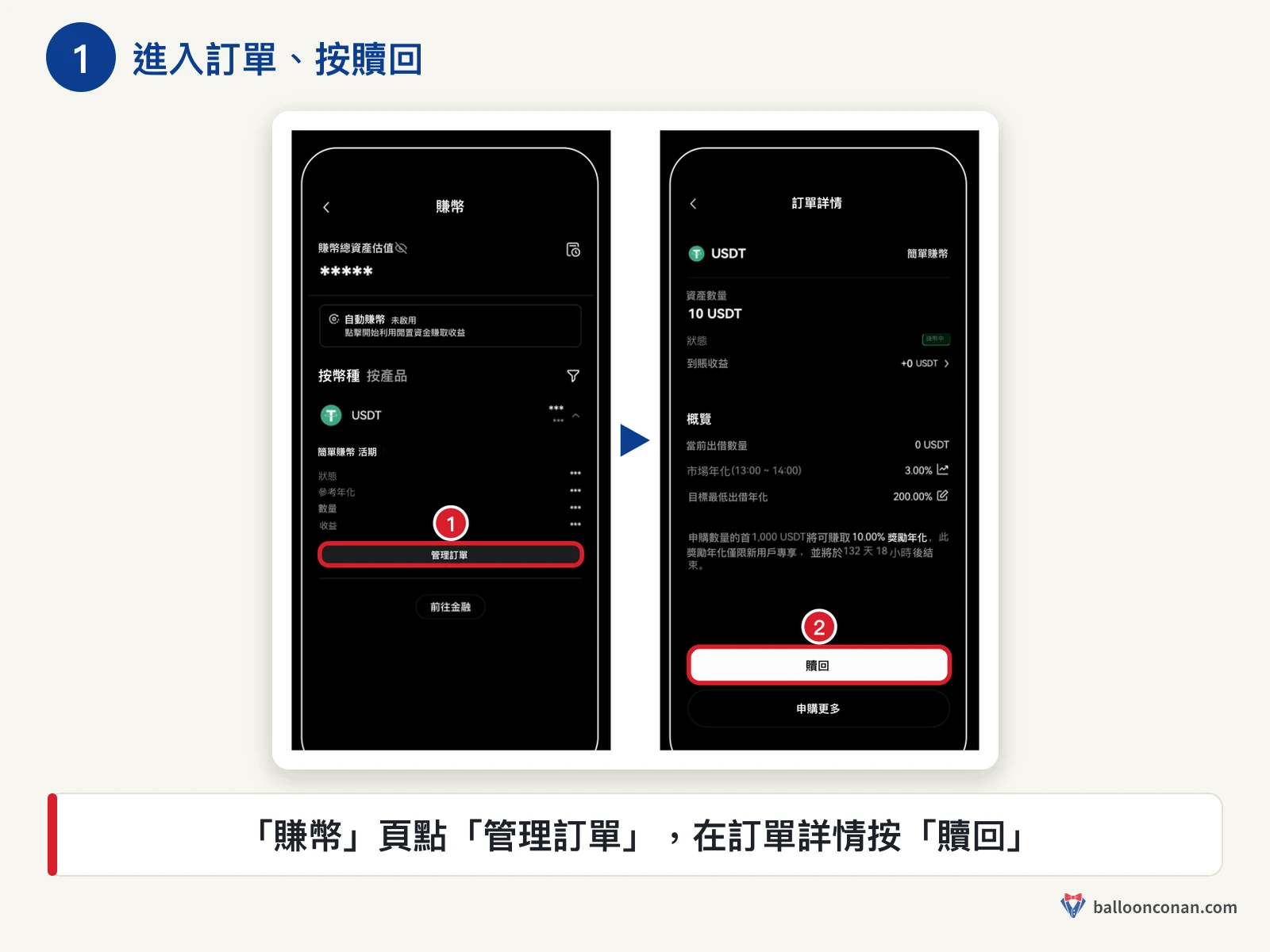 OKX App 賺幣頁點管理訂單，在訂單詳情按贖回