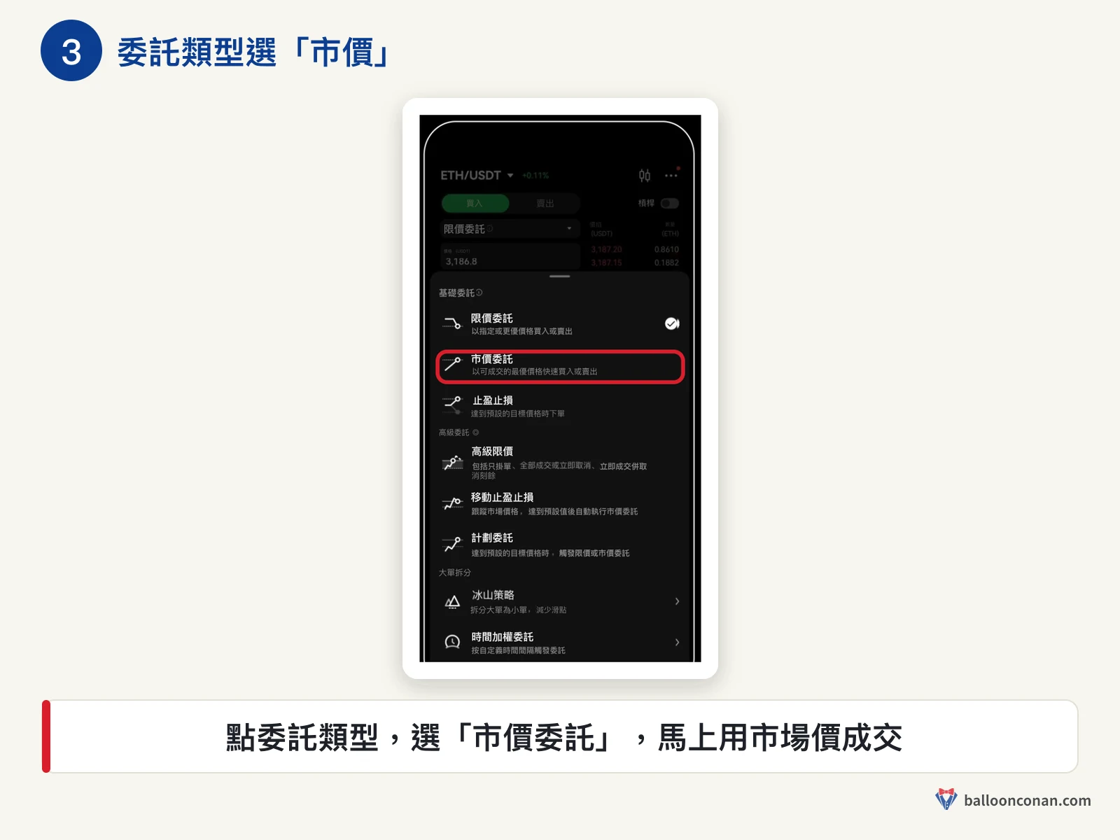 OKX App 委託類型選單，紅框標出市價委託