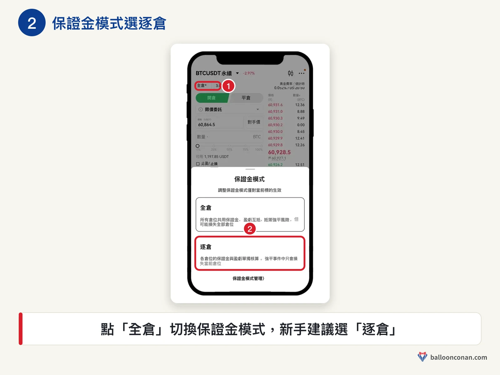OKX App 保證金模式視窗，紅框標出全倉切換與逐倉選項