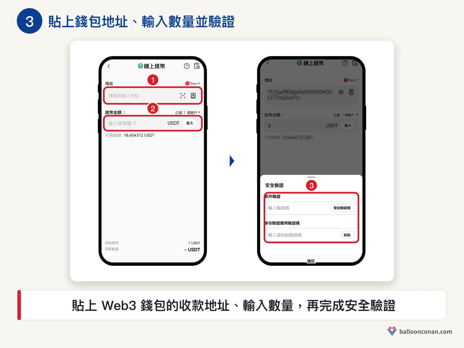 OKX 鏈上提幣頁填寫地址與數量，並完成郵件與驗證器的安全驗證