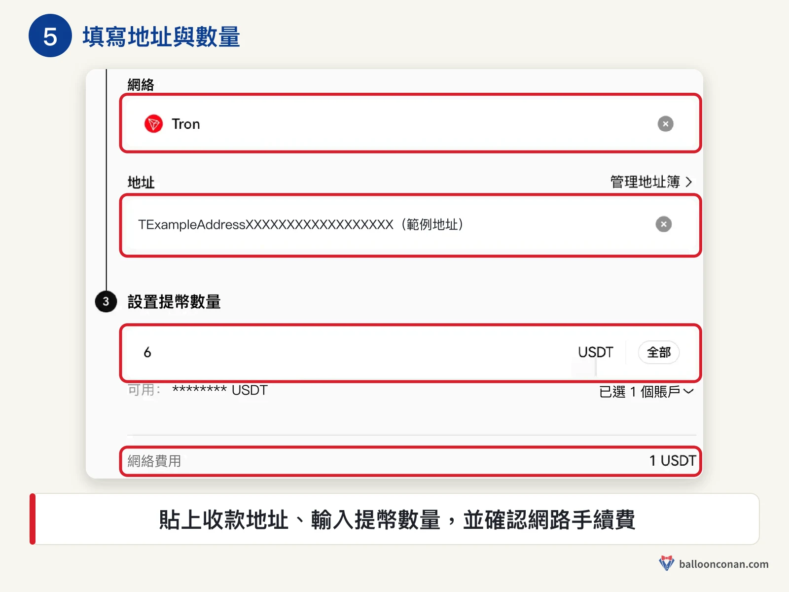 OKX 提幣頁填寫地址與數量，紅框標出網路、地址、數量與網路費用