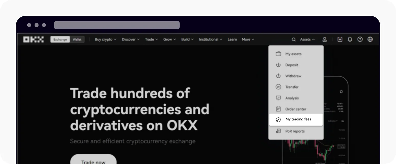 OKX 網頁版右上角「資產」選單裡的「My trading fees（我的交易手續費）」入口（OKX 官方幫助中心示意圖）