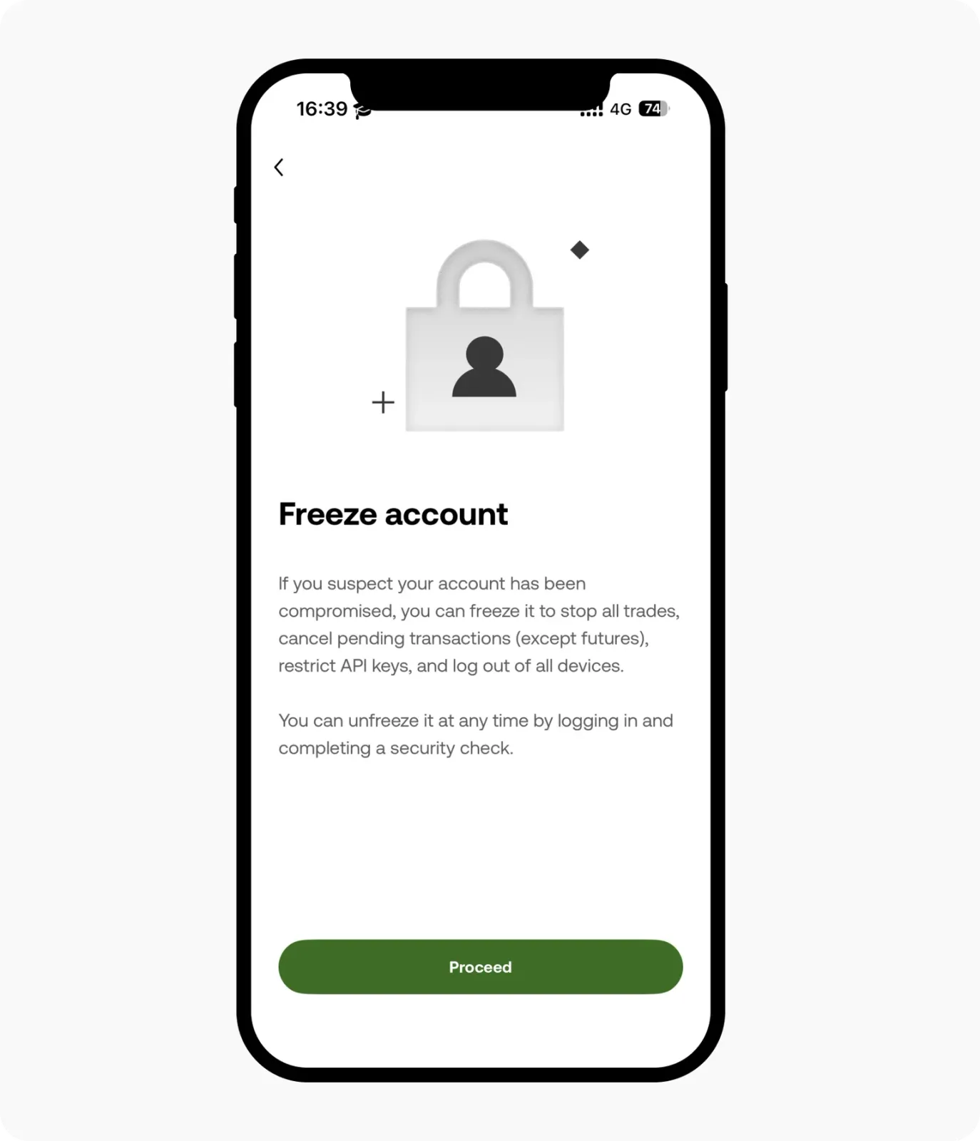 OKX App 凍結帳戶畫面，說明凍結後會停止交易並登出所有裝置