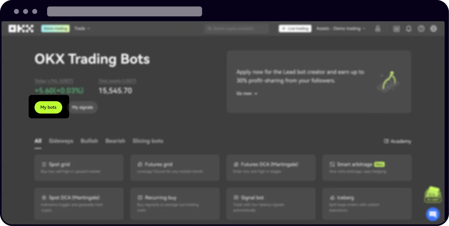 OKX 策略交易首頁，左上 My bots 管理運行中的策略
